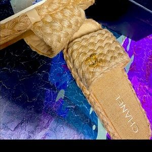 CHANEL Espadrille Lambskin US 8.5  gold logo jewels on each side . retails 1800